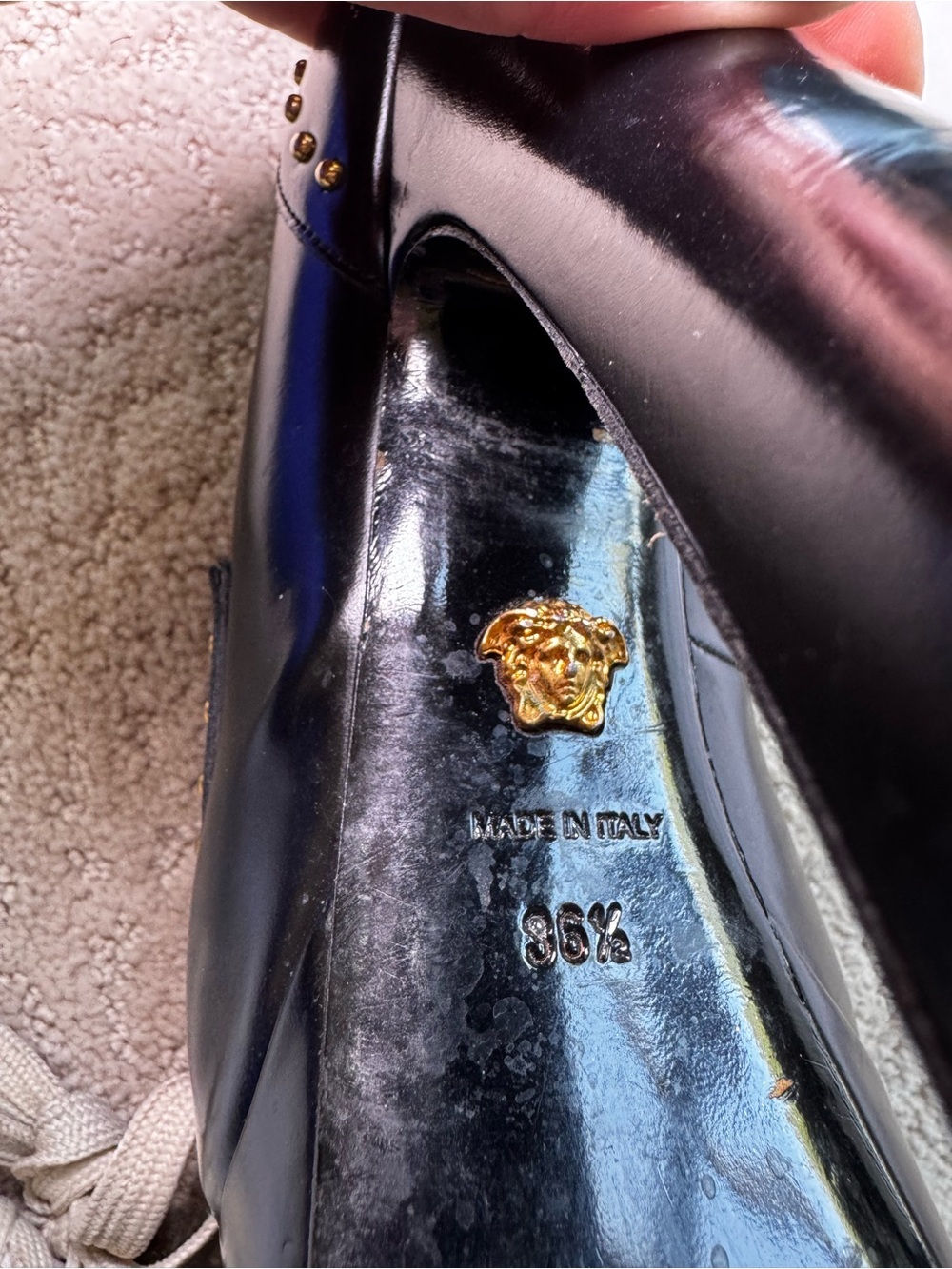 Versace Black Platform Gold Studded Loafer Platform Heels with Medallion - Picture 6 of 10